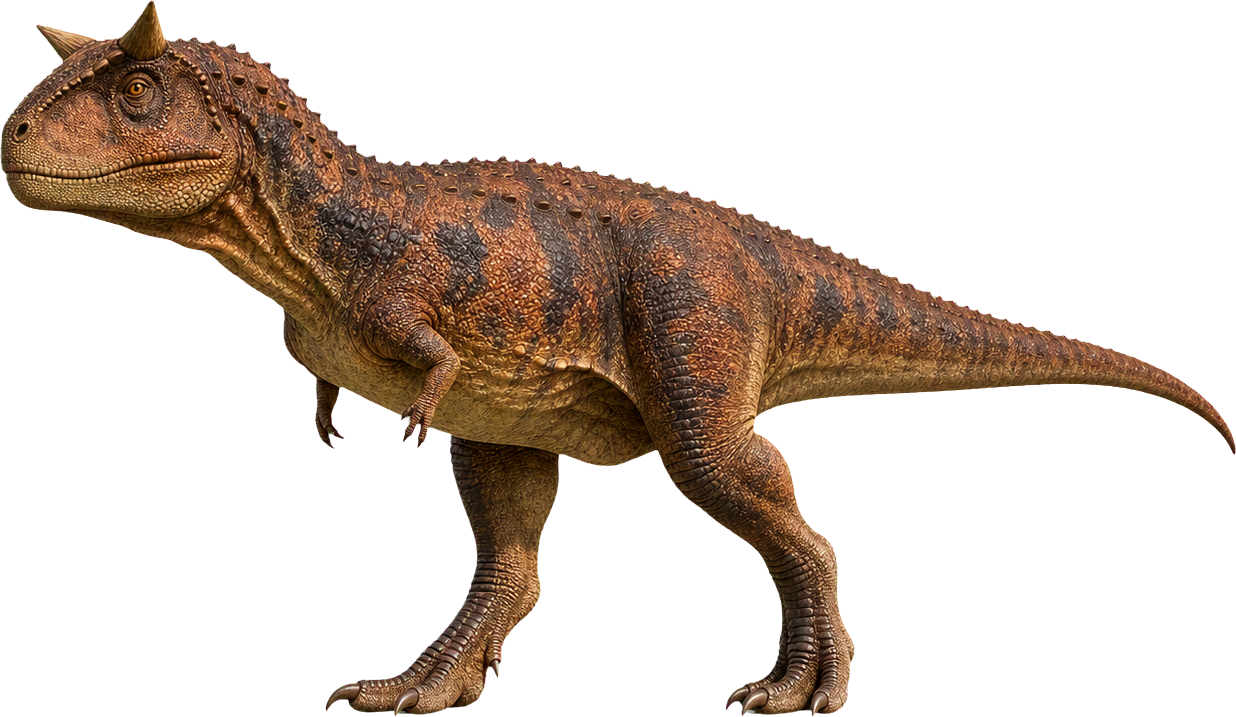 Carnotaurus stands on two legs beside a child, with a horned head and long tail.