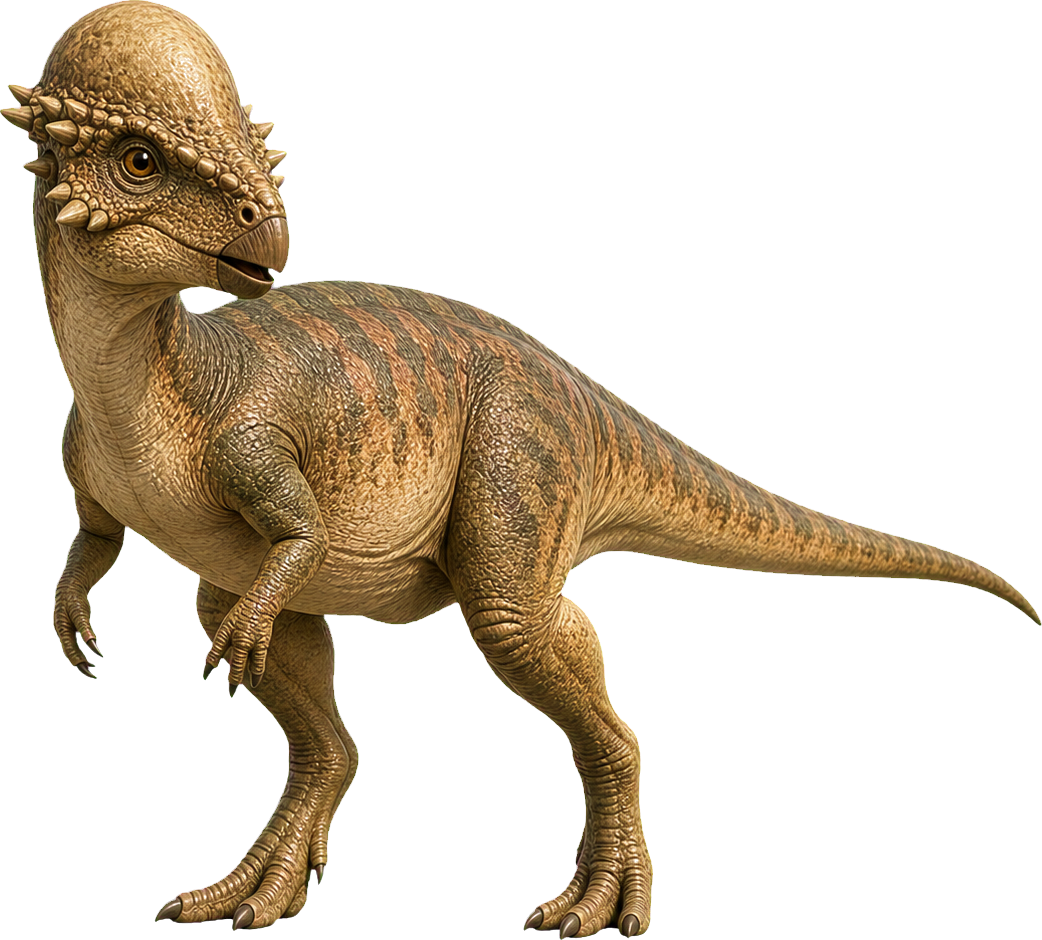 Pachycephalosaurus stands beside a child and shows the round bony dome on its head.
