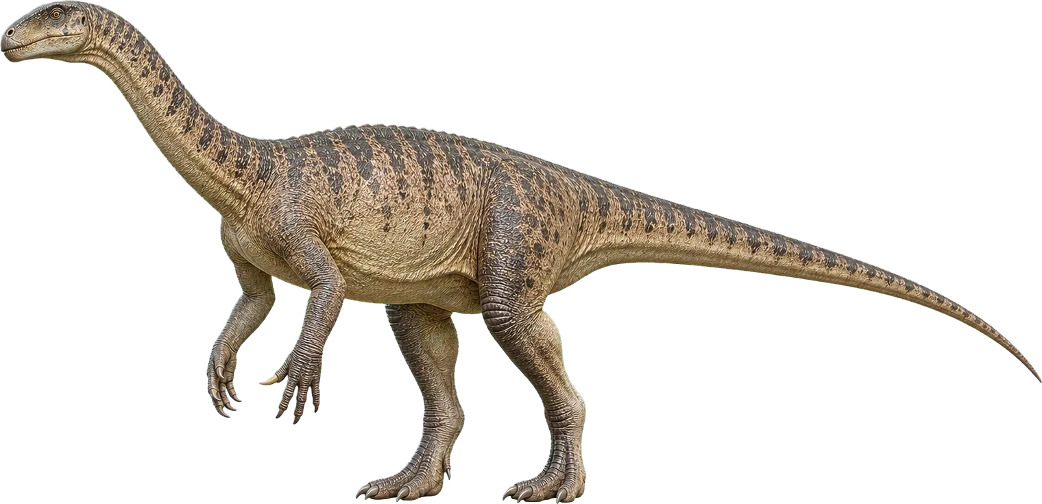 Large Plateosaurus stands beside a child and rises above it with a long neck.