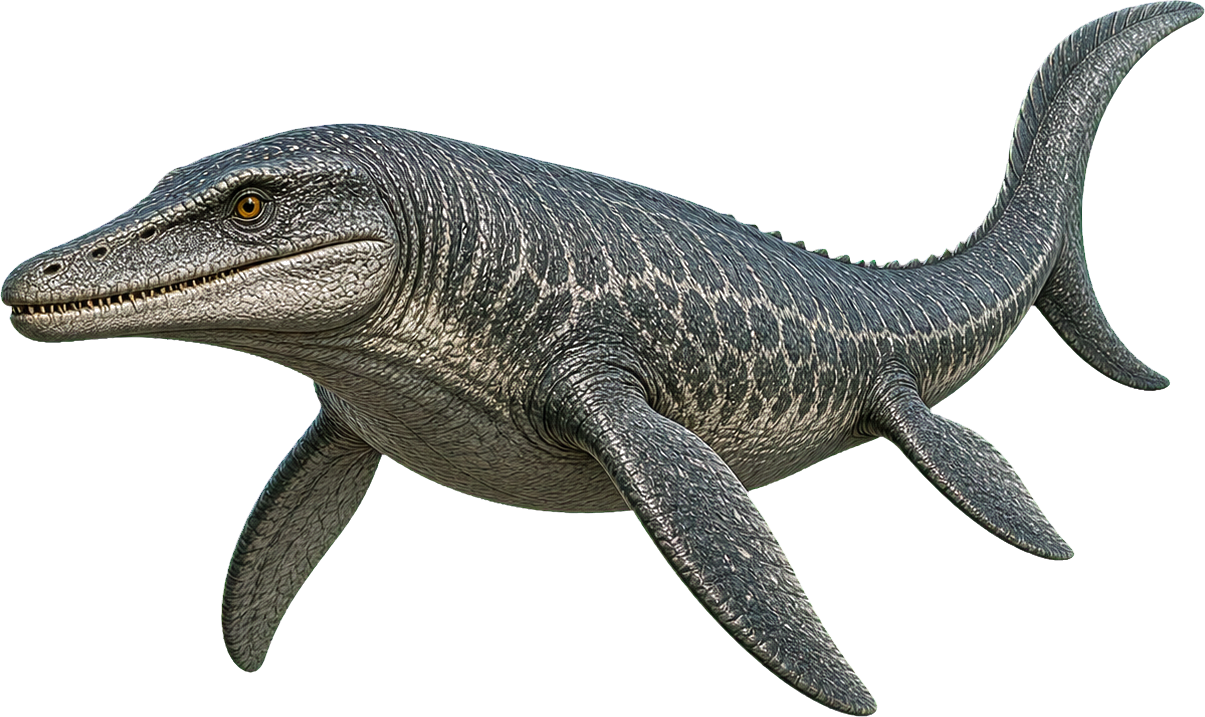 Long Tylosaurus swims beside a child and stretches much farther than the figure.
